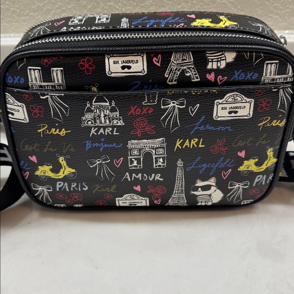 Karl Lagerfeld Black Graphic Crossbody Bag with Guitar Strap. Double Zipper - Picture 6 of 9